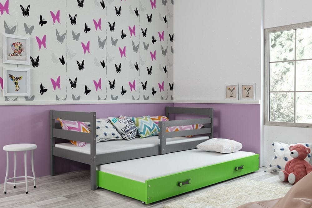 eoshop Detská posteľ Eryk - 2 osoby, 80x190 s výsuvnou prístelkou - Grafit, Zelená